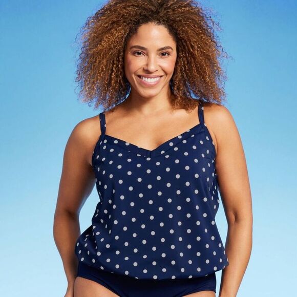 Navy White Polka Dots Women's Blouson Tankini Swimwear UPF 50 size M fits L - Picture 6 of 7